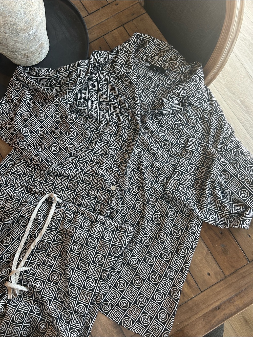 Natori Satin Medallion Geometric Black Cream Pajama Set 2X